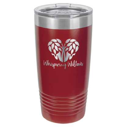 Maroon laser engraved 20 oz tumbler featuring the Whispering Willows logo.