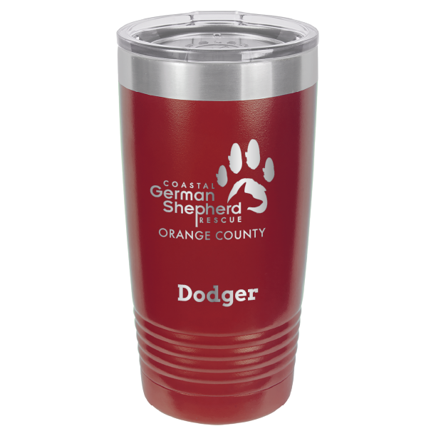 Coastal German Shepherd Rescue of Orange County: 20 oz laser engraved tumbler in maroon