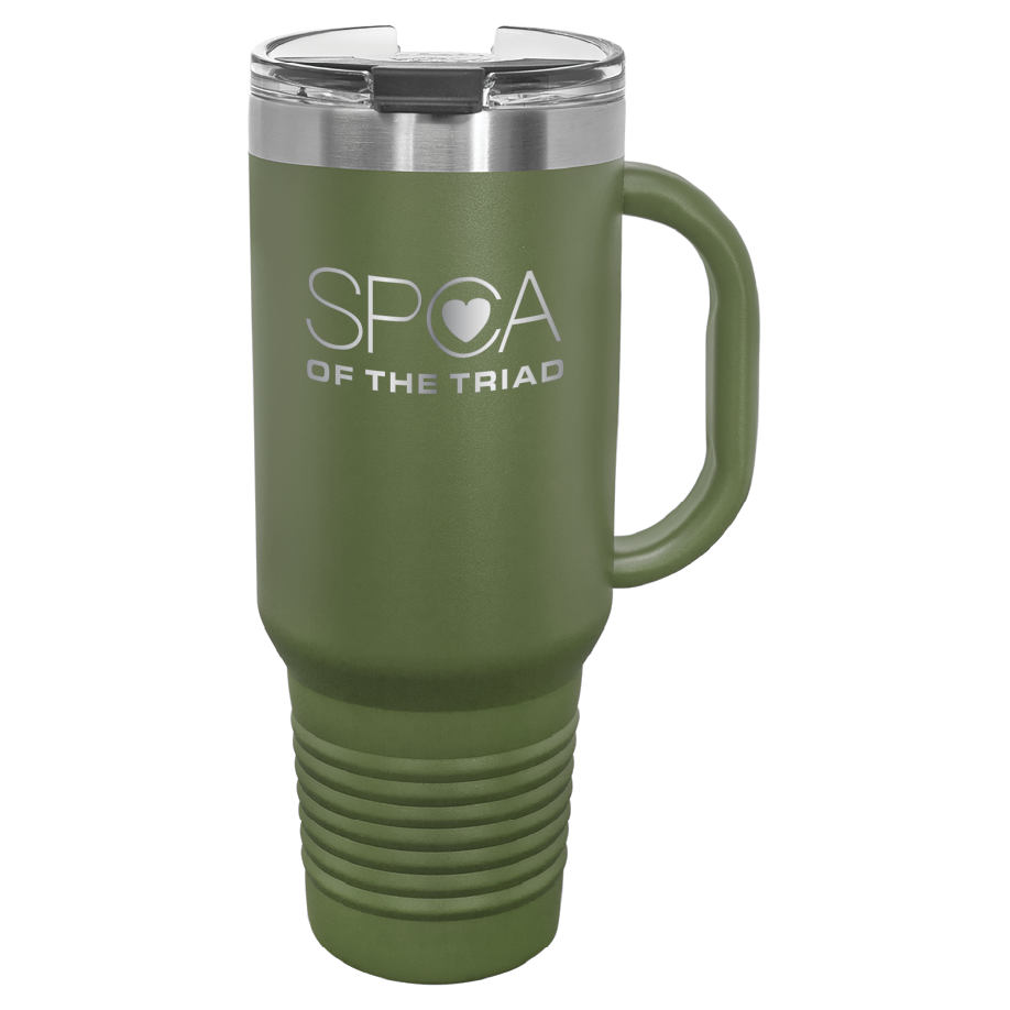 Olive Green 40 oz  laser engraved tumbler with the SPCA of the Triad logo.