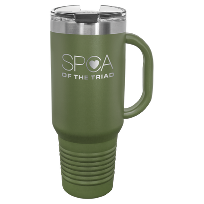 Olive Green 40 oz  laser engraved tumbler with the SPCA of the Triad logo.