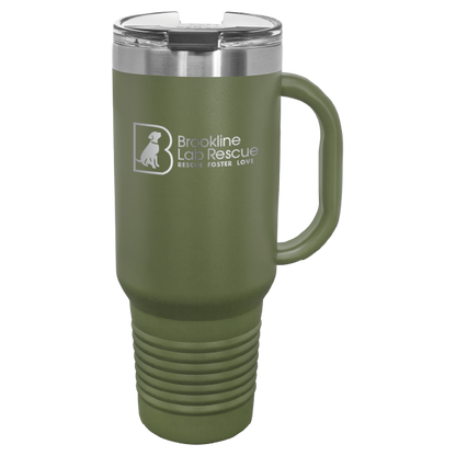 Olive green laser engraved 40 oz tumbler with handle featuring the Brookline Lab Rescue logo