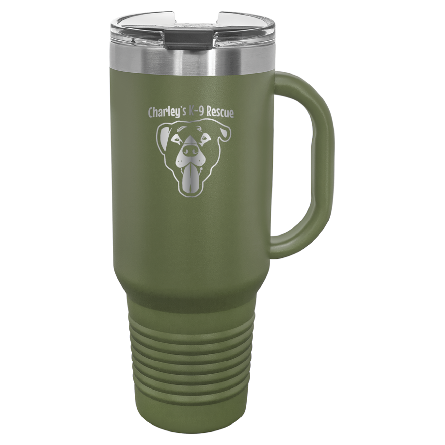 Olive Green 40 oz tumbler with handle laser engraved  tumbler featuring the Charley's K9 Rescue logo