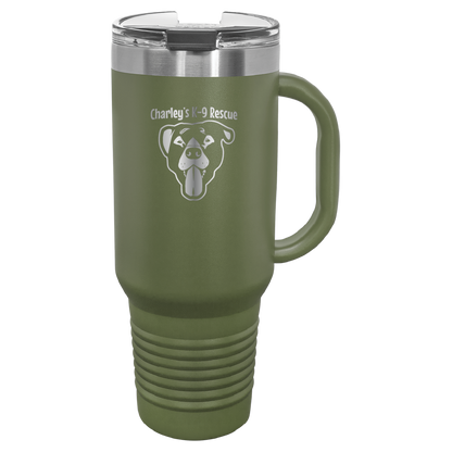 Olive Green 40 oz tumbler with handle laser engraved  tumbler featuring the Charley's K9 Rescue logo