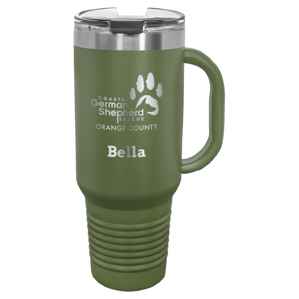 40 tumbler, laser engraved with the Coastal German Shepherd Rescue of OC logo, in olive green