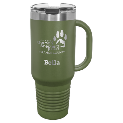 40 tumbler, laser engraved with the Coastal German Shepherd Rescue of OC logo, in olive green