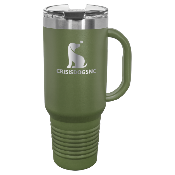 Olive green laser engraved 40 oz travel mug featuring the Crisis Dogs NC logo.