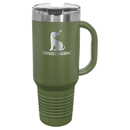 Olive green laser engraved 40 oz travel mug featuring the Crisis Dogs NC logo.