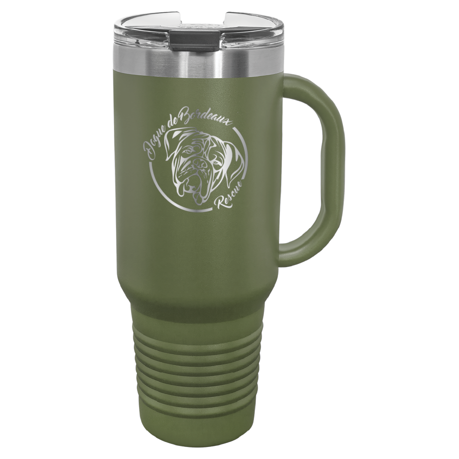 Olive green 40 oz laser engraved water bottle featuring the Dogue de Bordeaux Rescue, Inc. logo