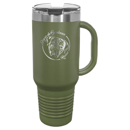 Olive green 40 oz laser engraved water bottle featuring the Dogue de Bordeaux Rescue, Inc. logo