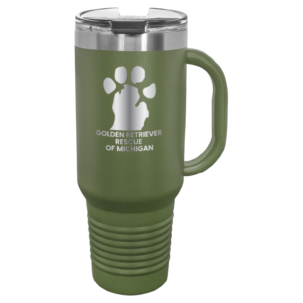 Olive Green 40 Oz laser engraved tumbler featuring the  Golden Retriever Rescue of Michigan (GRRoM) logo