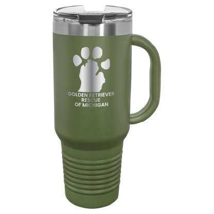 Olive Green 40 Oz laser engraved tumbler featuring the  Golden Retriever Rescue of Michigan (GRRoM) logo