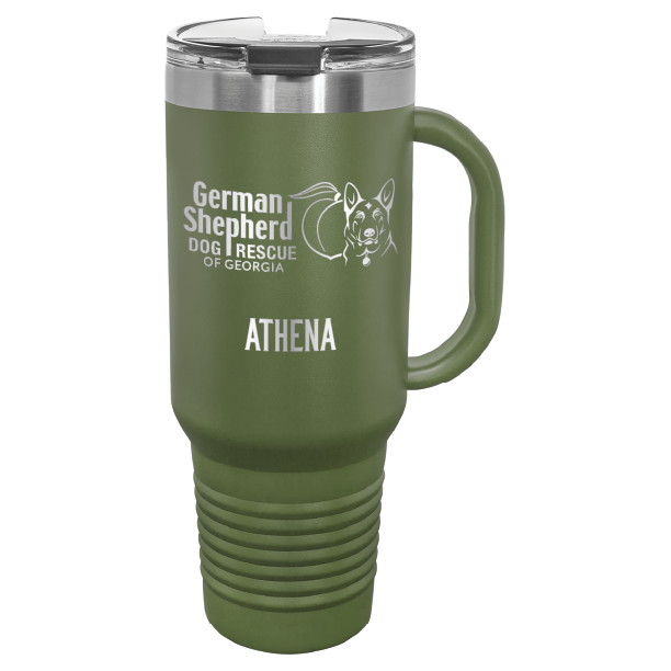 40 Oz travel tumbler, laser engraved with the logo of German Shepherd Dog Rescue of Georgia, in olive green