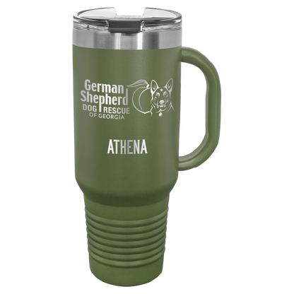 40 Oz travel tumbler, laser engraved with the logo of German Shepherd Dog Rescue of Georgia, in olive green