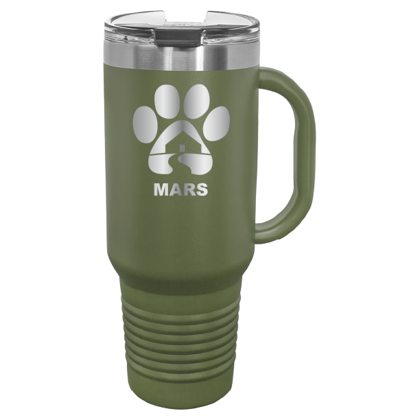 Olive Green 40 ounce laser engraved travel mug with handle, featuring the with the Midwest Animal Rescue & Services (MARS) logo