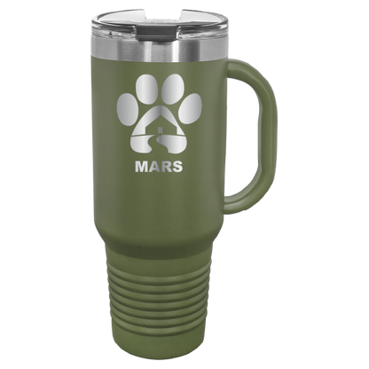 Olive Green 40 ounce laser engraved travel mug with handle, featuring the with the Midwest Animal Rescue & Services (MARS) logo