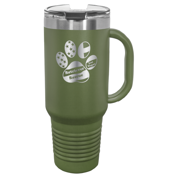 Olive Green laser engraved tumbler with handle, featuring the logo of Retriever Rescue of Las Vegas