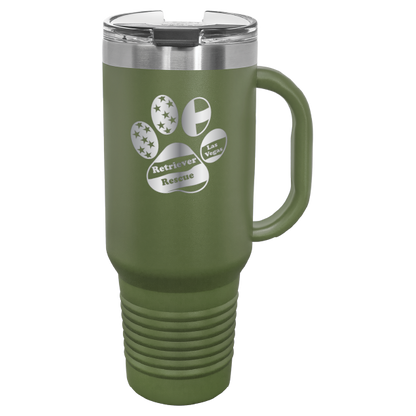 Olive Green laser engraved tumbler with handle, featuring the logo of Retriever Rescue of Las Vegas