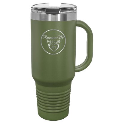Olive Green 40 oz laser engraved tumbler featuring the Remember Me Rescue NY logo.