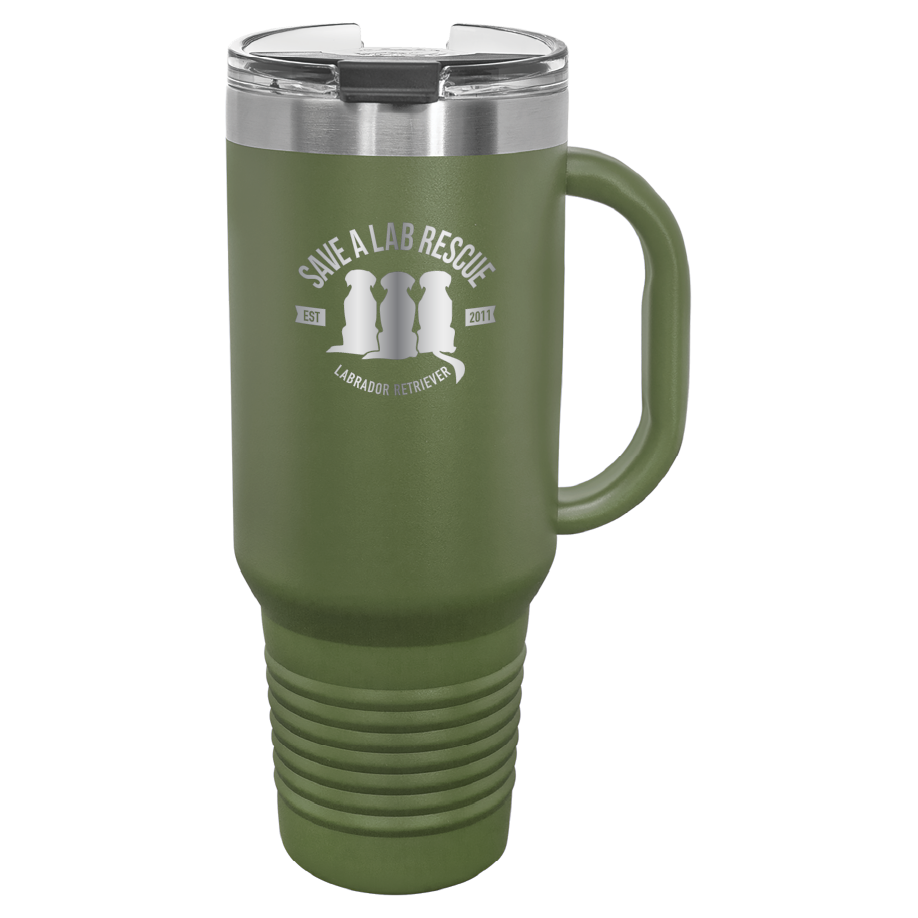 40 Oz Save A Lab Rescue Laser engraved printed tumbler.  Perfect gift for rescue moms and dads and pet parents. In olive green.