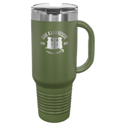 40 Oz Save A Lab Rescue Laser engraved printed tumbler.  Perfect gift for rescue moms and dads and pet parents. In olive green.