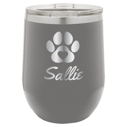 Laser engraved personalized wine tumbler featuring a paw print with heart, in dark gray