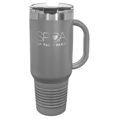Dark gray 40 oz  laser engraved tumbler with the SPCA of the Triad logo.