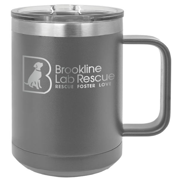 Dark gray laser engraved 15 of coffee cup featuring the Brookline Lab Rescue logo