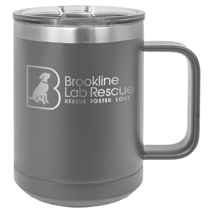 Dark gray laser engraved 15 of coffee cup featuring the Brookline Lab Rescue logo