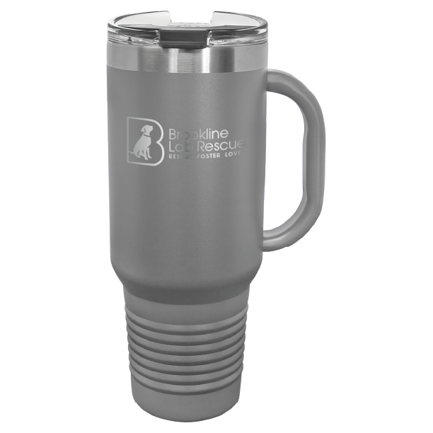 Dark gray laser engraved 40 oz tumbler with handle featuring the Brookline Lab Rescue logo