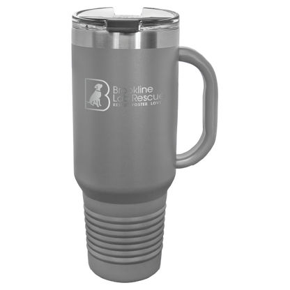 Dark gray laser engraved 40 oz tumbler with handle featuring the Brookline Lab Rescue logo