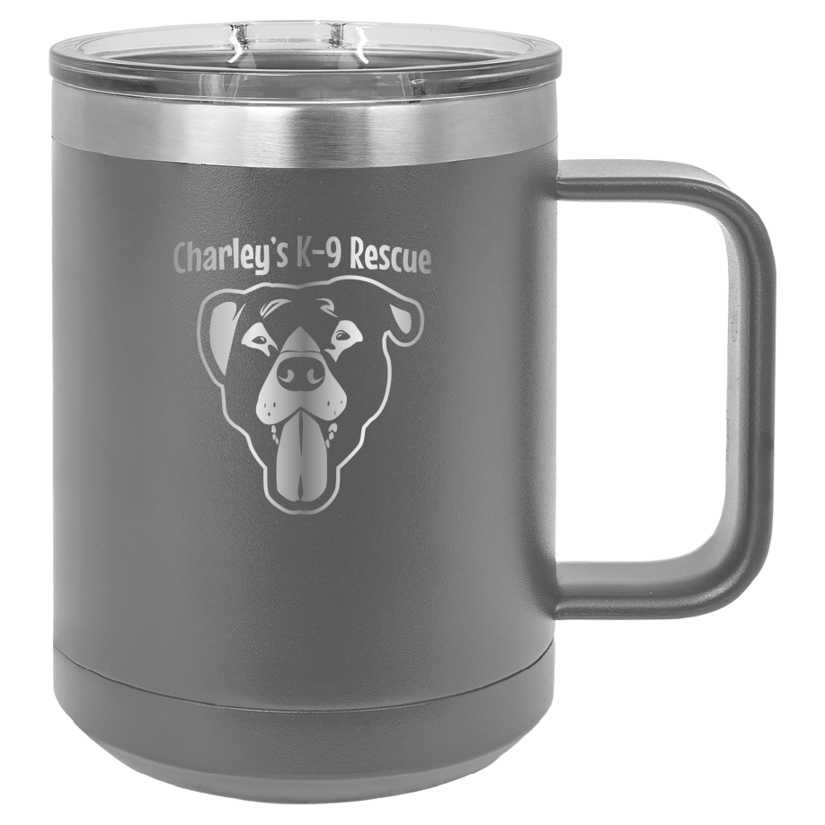 Dark gray 15 oz coffee cup laser engraved  tumbler featuring the Charley's K9 Rescue logo