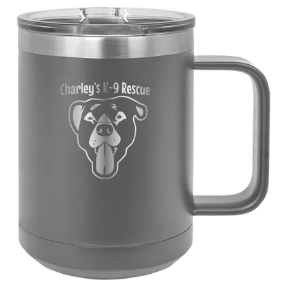 Dark gray 15 oz coffee cup laser engraved  tumbler featuring the Charley's K9 Rescue logo