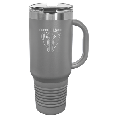 Dark Gray 40 oz tumbler with handle laser engraved  tumbler featuring the Charley's K9 Rescue logo