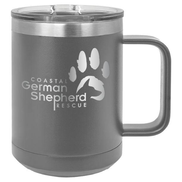 Dark gray 15 ounce laser engraved coffee mug, featuring the with the Coastal German Shpherd Rescue of Orange County logo