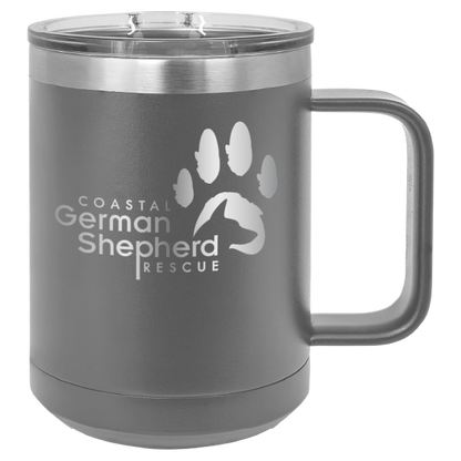 Dark gray 15 ounce laser engraved coffee mug, featuring the with the Coastal German Shpherd Rescue of Orange County logo