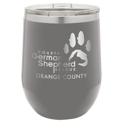 12 oz Wine tumbler laser engraved with the Coastal German Shepherd Rescue of Orange County logo, in dark gray