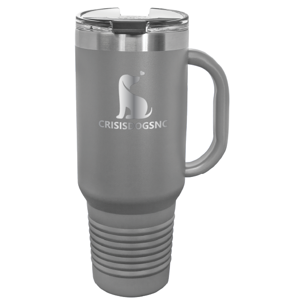 Dark Gray laser engraved 40 oz travel mug featuring the Crisis Dogs NC logo.