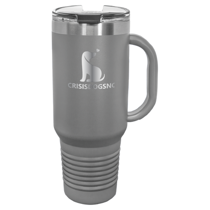 Dark Gray laser engraved 40 oz travel mug featuring the Crisis Dogs NC logo.