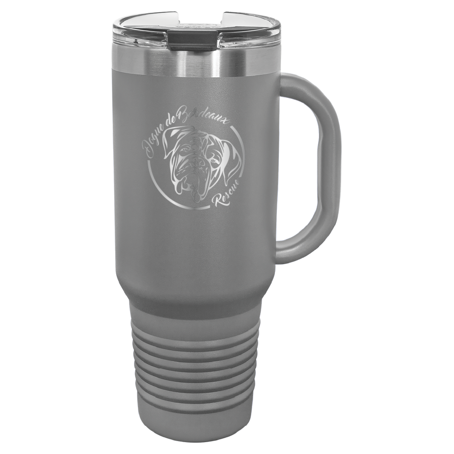 Dark gray 40 oz laser engraved water bottle featuring the Dogue de Bordeaux Rescue, Inc. logo