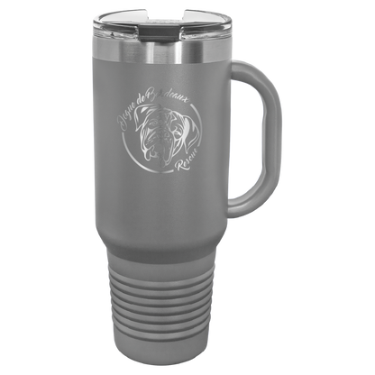 Dark gray 40 oz laser engraved water bottle featuring the Dogue de Bordeaux Rescue, Inc. logo