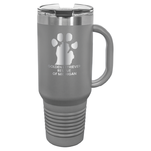 Dark Gray 40 Oz laser engraved tumbler featuring the  Golden Retriever Rescue of Michigan (GRRoM) logo