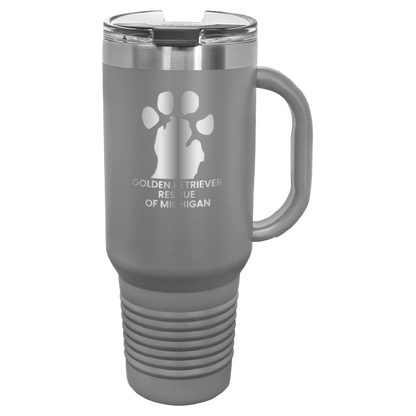 Dark Gray 40 Oz laser engraved tumbler featuring the  Golden Retriever Rescue of Michigan (GRRoM) logo