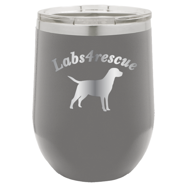 12 oz laser engraved wine tumbler with the labs4rescue logo, in dark gray
