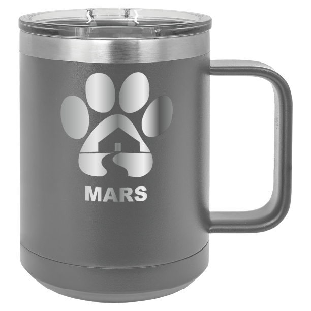 Dark gray 15 ounce laser engraved coffee mug with the Midwest Animal Rescue & Services (MARS) logo.