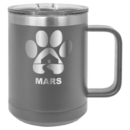 Dark gray 15 ounce laser engraved coffee mug with the Midwest Animal Rescue & Services (MARS) logo.