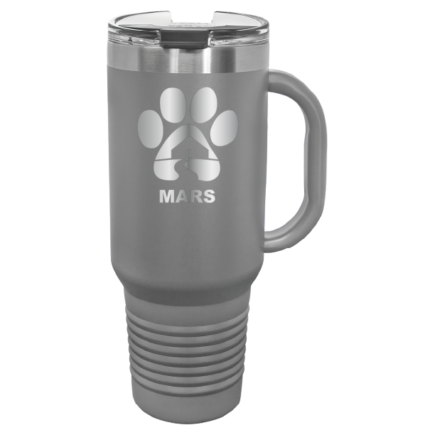 Dark gray  40 ounce laser engraved travel mug with handle, featuring the with the Midwest Animal Rescue & Services (MARS) logo