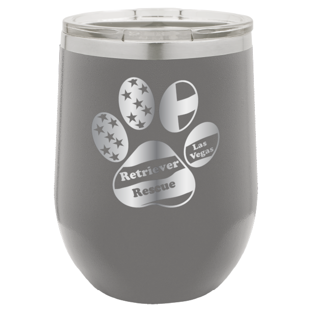 Dark Gray laser engraved wine tumbler with the logo of retriever rescue of Las Vegas