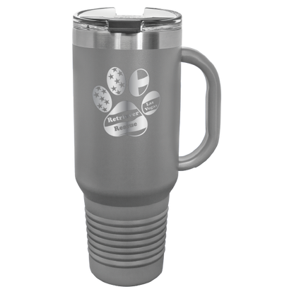 Dark Gray laser engraved tumbler with handle, featuring the logo of Retriever Rescue of Las Vegas