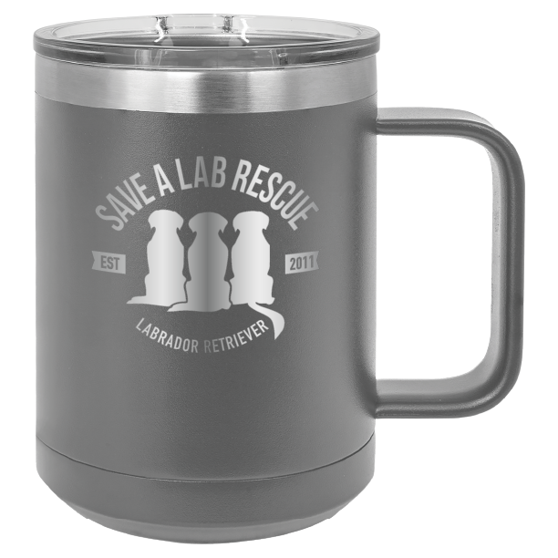 Dark Gray 15 oz laser engraved coffee cup featuring the Save A Lab Rescue logo.