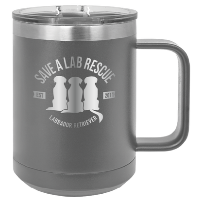 Dark Gray 15 oz laser engraved coffee cup featuring the Save A Lab Rescue logo.